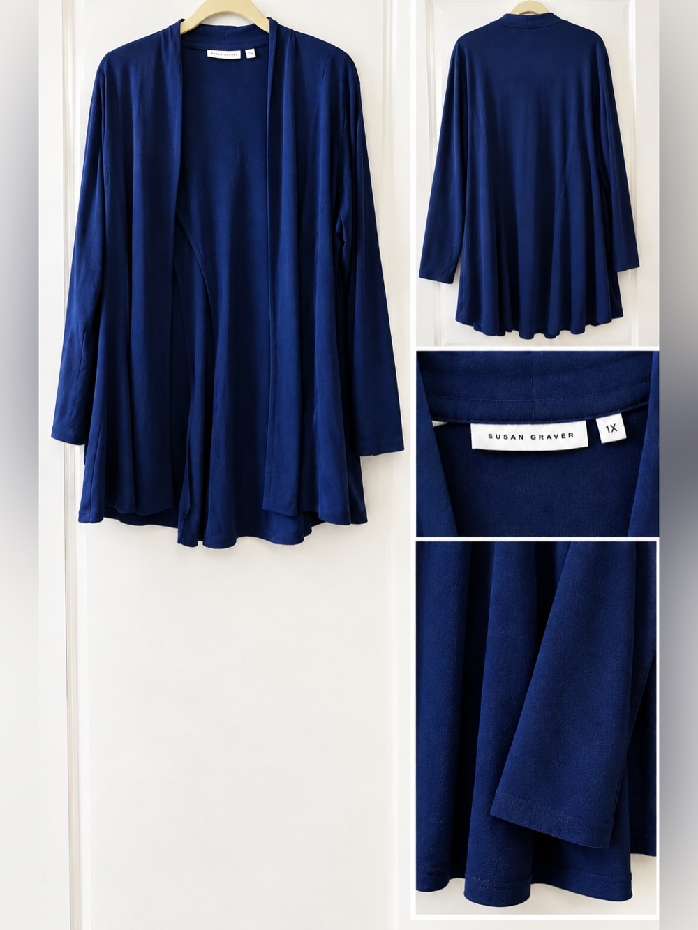 Susan Graver Navy Blue Open Front Cardigan Liquid Knit Women’s 1X Long Sleeve